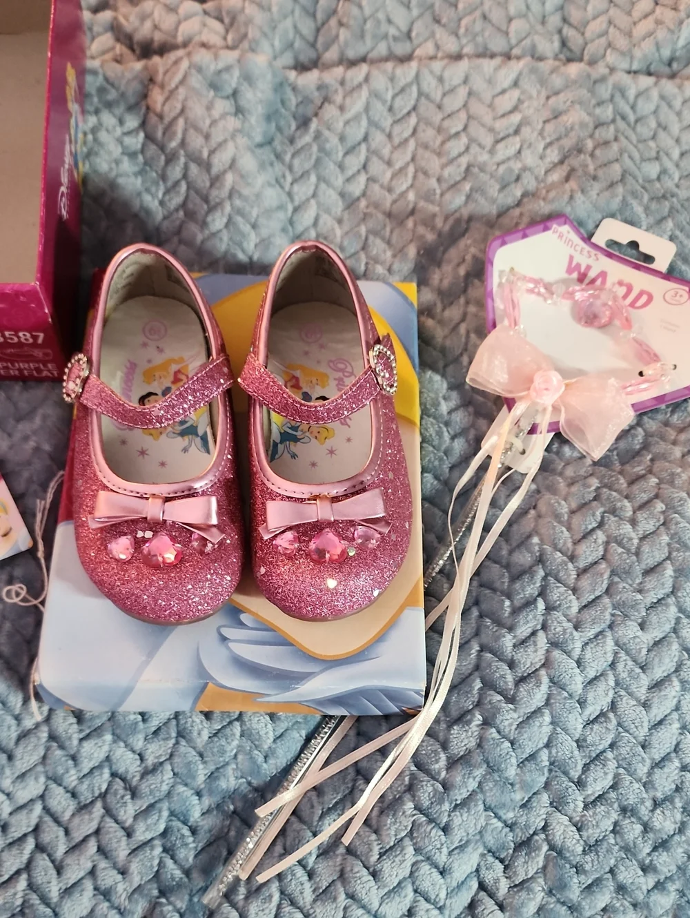 Disney Pink Glitter Mary Jane Dress Shoes with Bow & Wand Sz 6.5